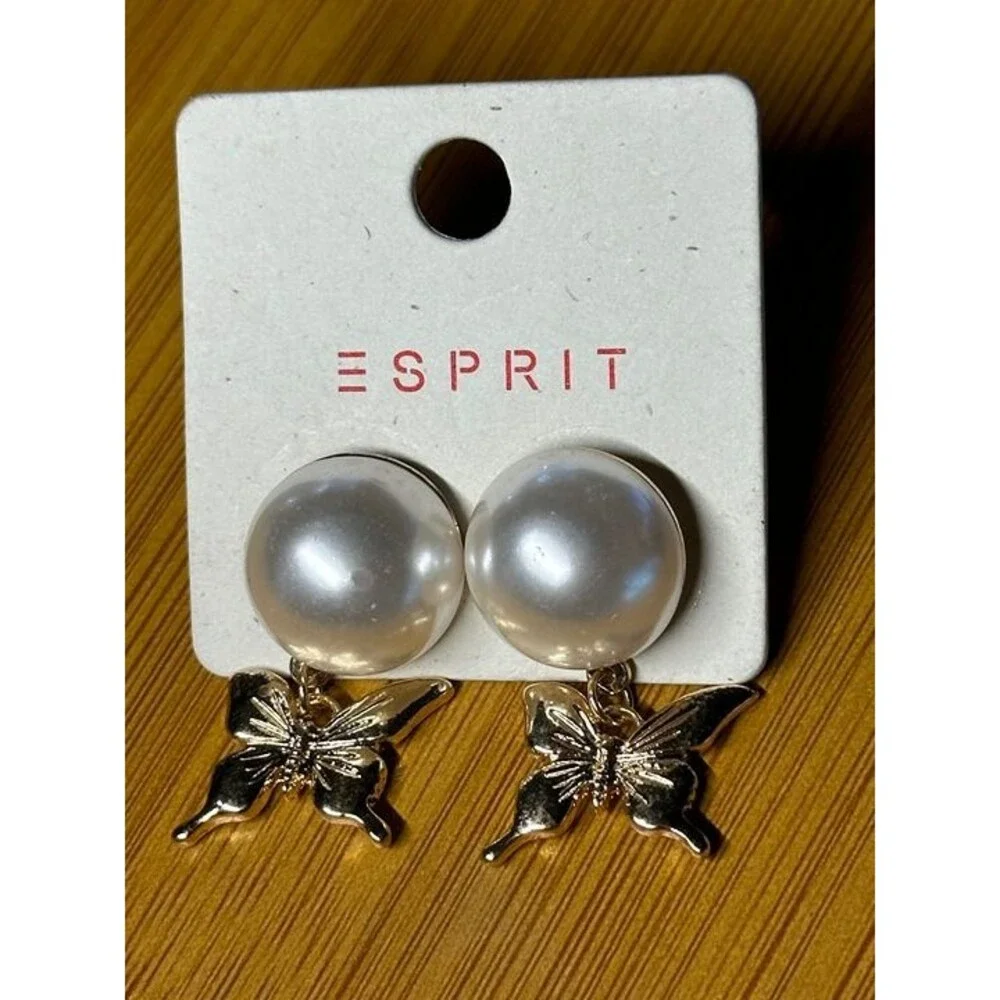 ESPRIT Gold Tone Pearl Stud Earrings Gold Butterfly Dangle Charm Boho New Pair